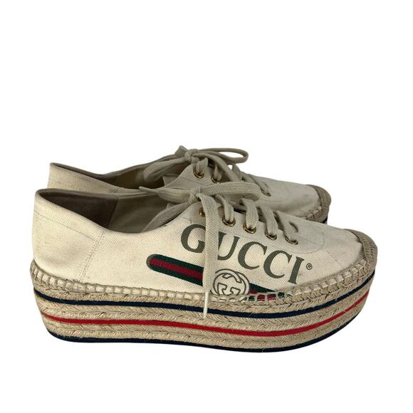 Gucci Cream Lace Up Canvas Logo Platform Espadrilles - Picture 7 of 16